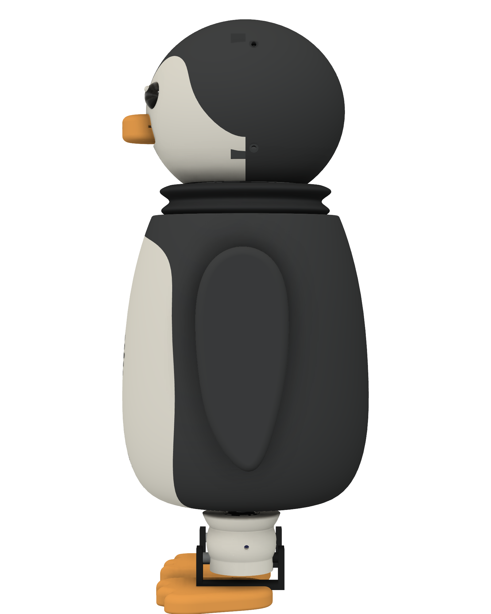PenguinBot from the side, its round head sitting on a ribbed bellows above the body